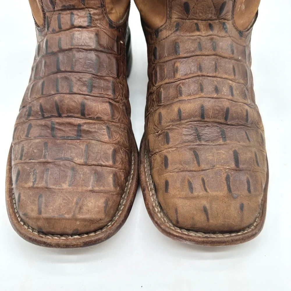Old West Brown Leather Embroider Caiman Print Western Cowboy Boots Boys Youth 5D